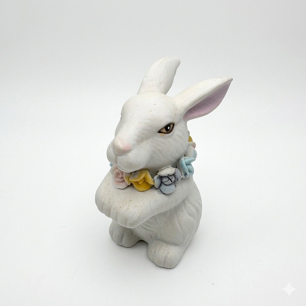Vintage GOT Ceramic White Rabbit Figurine Flower Garland‎ Collar Easter Decor 4"
